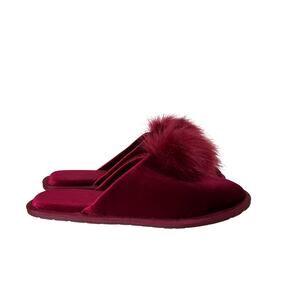 FARYLROBIN Pom Pom Velvet Slippers Sz 7 Burgundy Wine Grandma Mom Retro NWT